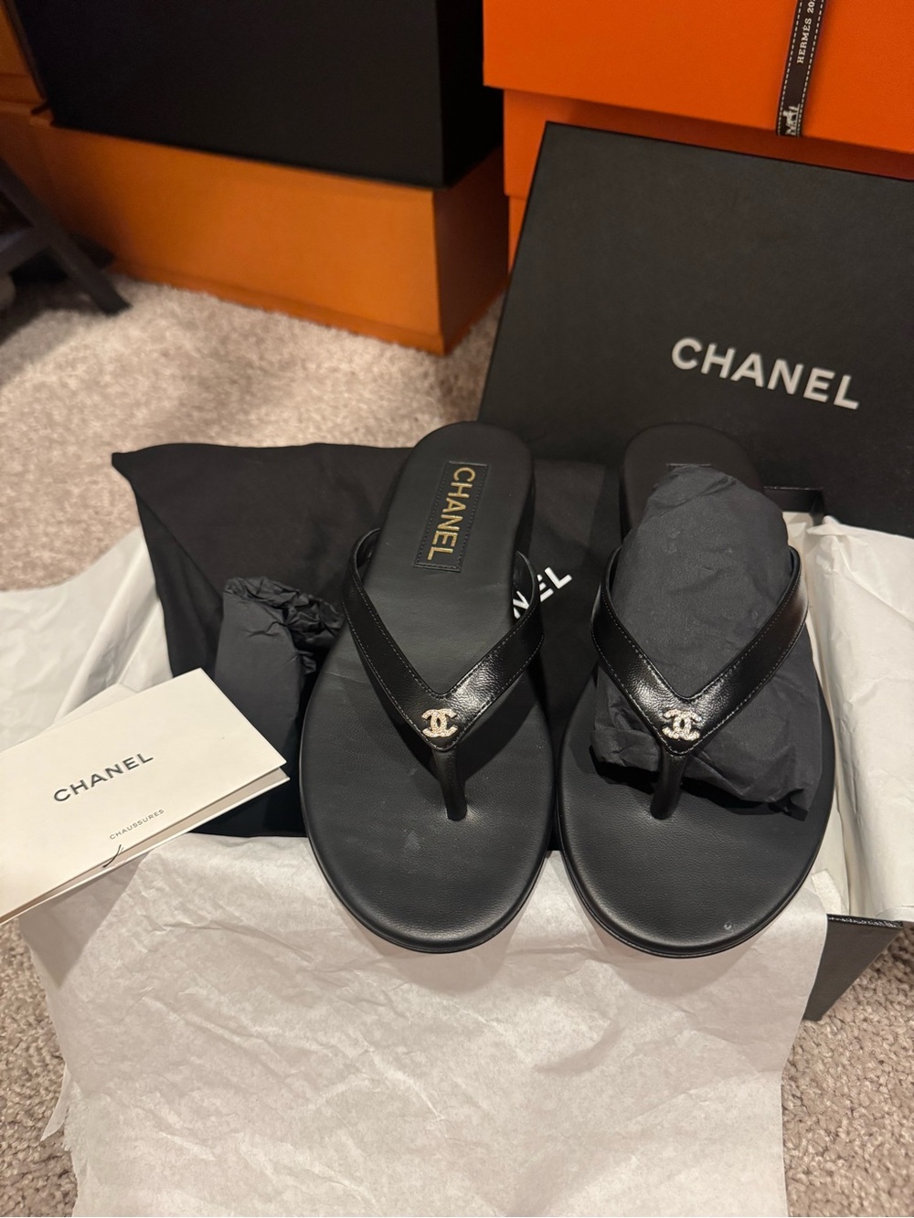 CHANEL Black Leather Thong Sandals with CC Logo